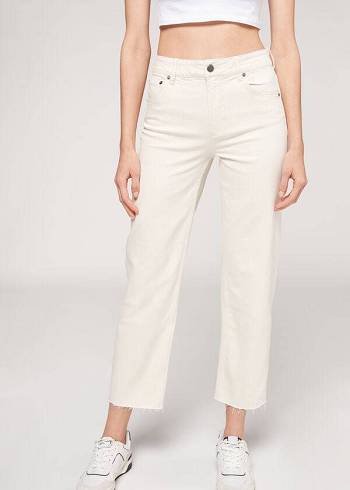 Calzedonia Cropped Düz-Leg Kot Pantolon Kadın Beyaz | TR1626JJ