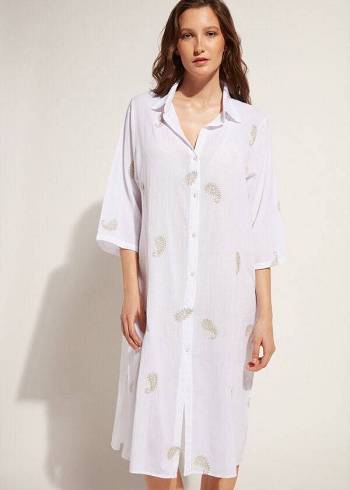 Calzedonia Embroidered Paisley Lamé Midi Shirt Cover Ups Kadın Beyaz | TR2112OR