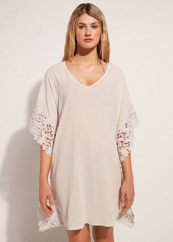 Calzedonia Floral Macramé Dantel Caftan Cover Ups Kadın Bej Rengi | TR2110UT