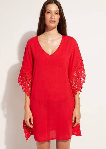 Calzedonia Floral Macramé Dantel Caftan Cover Ups Kadın Kırmızı | TR2111IS