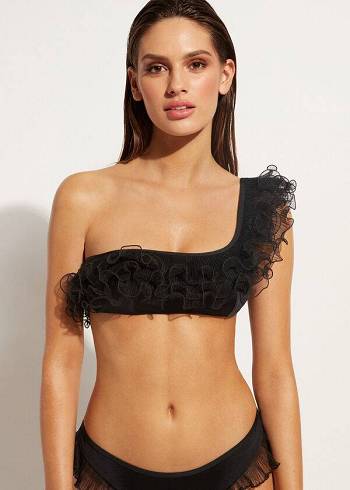 Calzedonia Lightly Yastıklı Single Askılı Bandeau Singapore Bikini Üstleri Kadın Siyah | TR2412KI