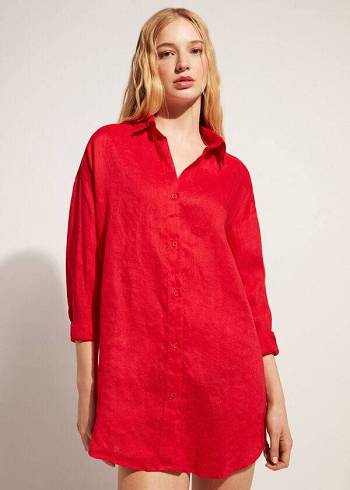 Calzedonia Linen Shirt Cover Ups Kadın Kırmızı | TR2096LH