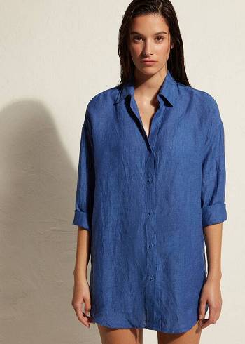 Calzedonia Linen Shirt Cover Ups Kadın Mavi | TR2100VD
