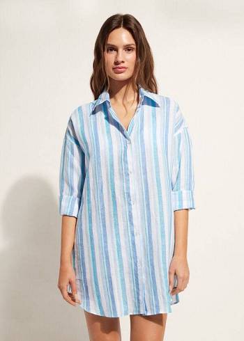 Calzedonia Linen Shirt Cover Ups Kadın Mavi Beyaz | TR2101BC