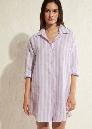 Calzedonia Linen Shirt Cover Ups Kadın Mor Beyaz | TR2105WY