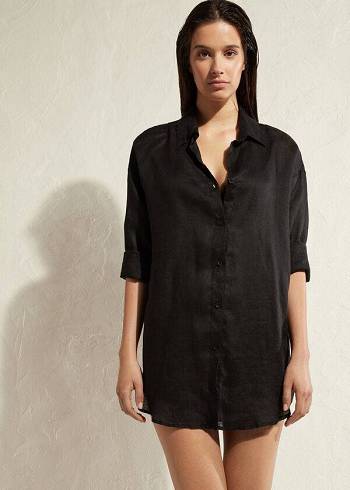 Calzedonia Linen Shirt Cover Ups Kadın Siyah | TR2099CE