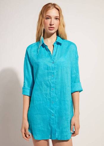 Calzedonia Linen Shirt Cover Ups Kadın Turkuaz Yeşil | TR2097ZG