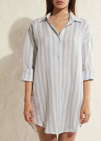 Calzedonia Linen Shirt Cover Ups Kadın Turkuaz Beyaz | TR2104QZ