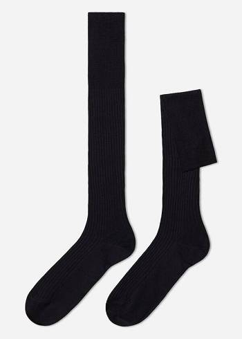 Calzedonia Lisle Thread Nervürlü Long Çorap Erkek Lacivert Gri | TR1436OR