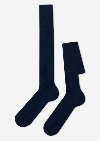 Calzedonia Lisle Thread Nervürlü Long Çorap Erkek Lacivert | TR1437PQ