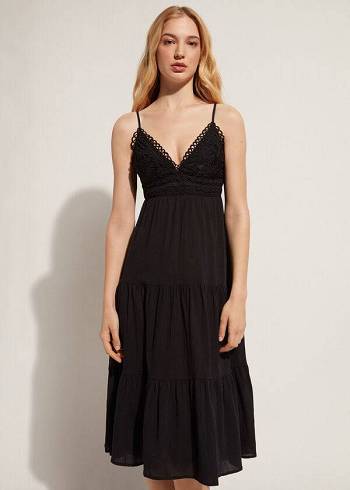 Calzedonia Midi Elbise in Macramé Dantel and Ruffled Skirt Cover Ups Kadın Siyah | TR2086OR