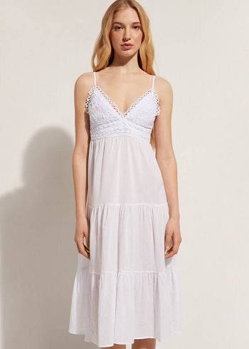 Calzedonia Midi Elbise in Macramé Dantel and Ruffled Skirt Cover Ups Kadın Beyaz | TR2087PQ