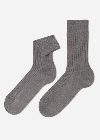 Calzedonia Nervürlü Cashmere Kısa Crew Çorap Erkek Gri | TR1342LH