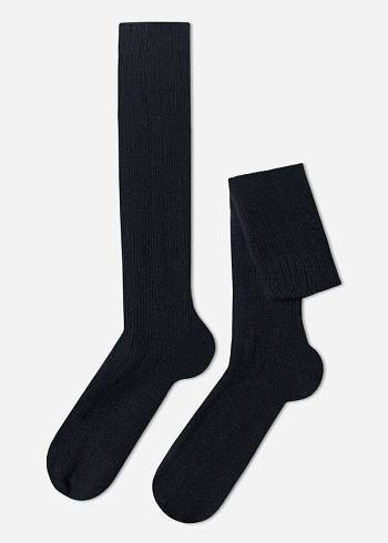 Calzedonia Nervürlü Yün and Cashmere Long Çorap Erkek Mavi | TR1414DN