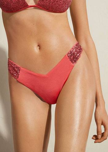 Calzedonia Sequined High-Cut Brazilian Cannes Bikini Altları Kadın Pembe | TR2649IS