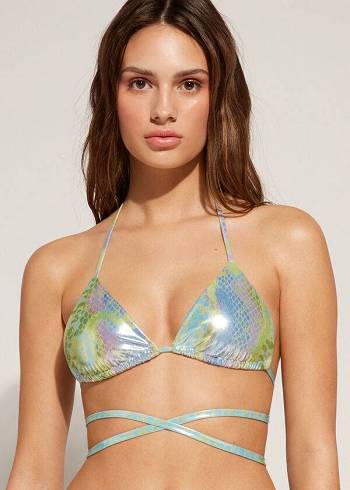 Calzedonia Snake-Pattern Triangle String Las Palmas Bikini Üstleri Kadın Yeşil | TR2232NB