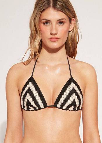 Calzedonia Triangle String Mumbai Bikini Üstleri Kadın Siyah Bej Rengi | TR2138OR
