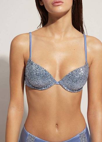 Calzedonia Yastıklı Push-Up Cannes Bikini Üstleri Kadın Mavi | TR2352MA